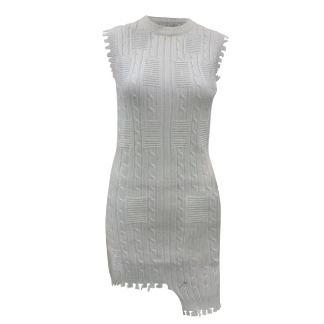 VISgogo Vestido sin mangas con cuello redondo para mujer, color sólido Textura de punto Flecos Ribete Irregular Dobladillo corto de una sola pieza VISgogo moda
