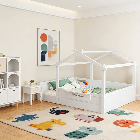 Full Size Wooden Floor Bed with Guardrails and Roof Frame, Built-In Side Tray and Personalizable Signboard,White