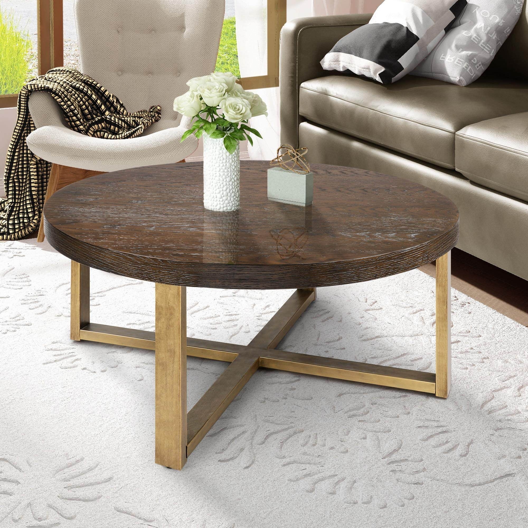 Genzi Vintage Round Oak Solid Wood Coffee Table with Accent Genzi Vintage Round Oak Solid Wood Coffee Table with Accent