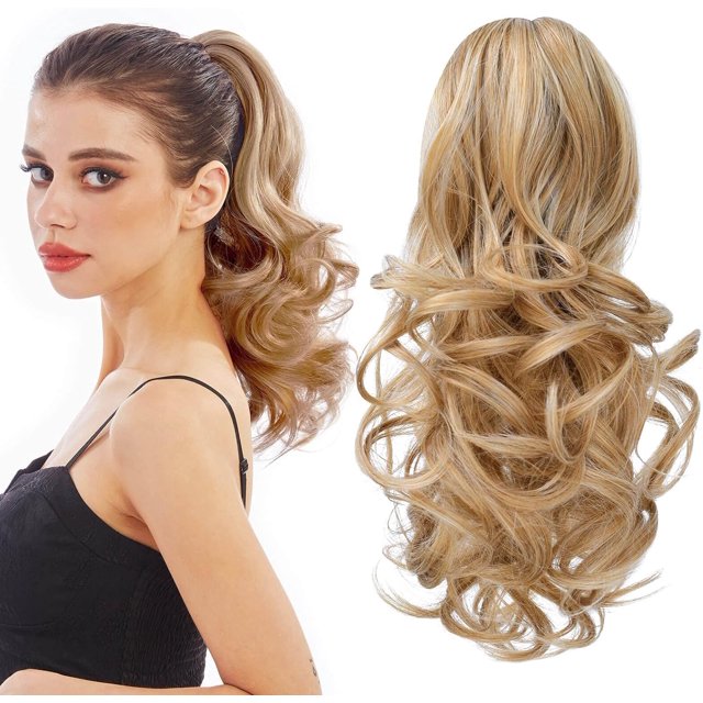 HSHDLDF Extension de Queue de Cheval, Extensions de Cheveux Griffe de Queue de Cheval 14 Pouces Faux Cheveux Ondulés Bouclés Perruque de Queue de Cheval Synthétique Pince Quotidienne Queue de Cheval Duveteuse Pièce de Cheveux pour Femmes (Blond Très Foncé)