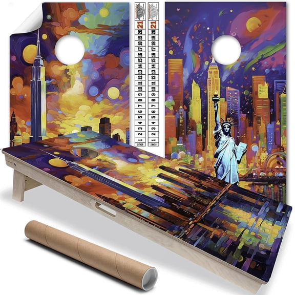 Cornhole Board Wraps and Decals Set of 2 Skins Professional Vinyl Covers Sticker - New York City Skyline and Statue of Liberty Vibrant Apartment or Condo Cornhole for Boards Covers Sticker Vinyl Wraps
