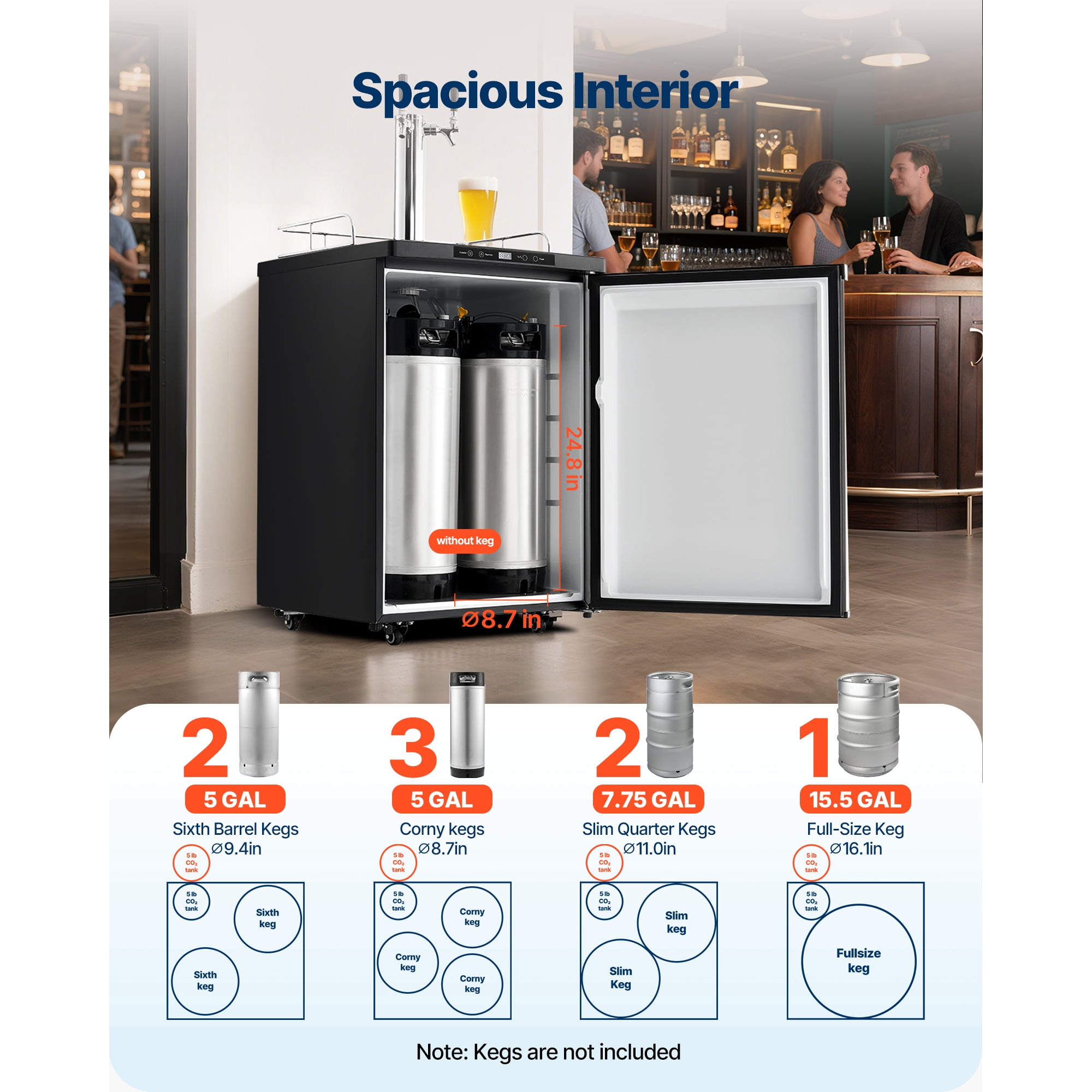 KFFKFF Dual Tap Beer Kegerator, Home Draft Dispenser for Ball Lock, Full-Size Keg Cooler with 5lbs CO2 Tank, Fits 2 Sixth / 2 Slim / 3 Ball Lock Kegs, 162L Capacity