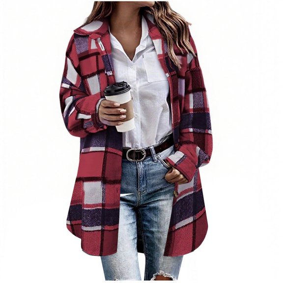 cocolona Womens Long Plaid Flannel Shacket Trendy Casual Lapel Long Sleeve Tunic Jackets Warm Overcoat for Fall Winter