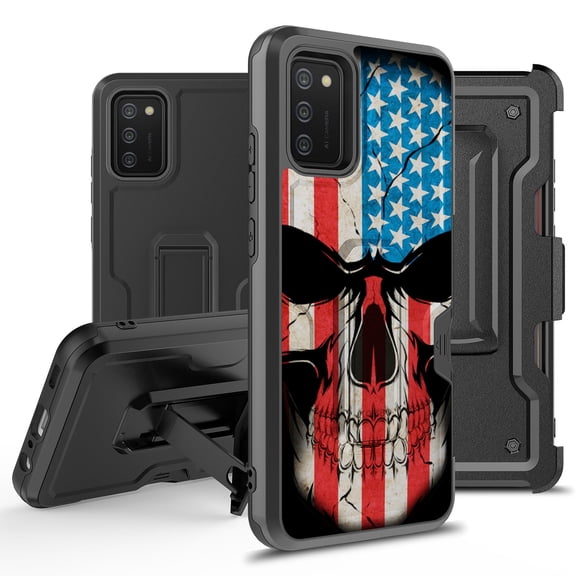ANJ  Rugged Hybrid Shockproof Case w/Kickstand   Holster Clip Card Slot Cover for Samsung Galaxy A02S (SM-A025) - American Skullcap