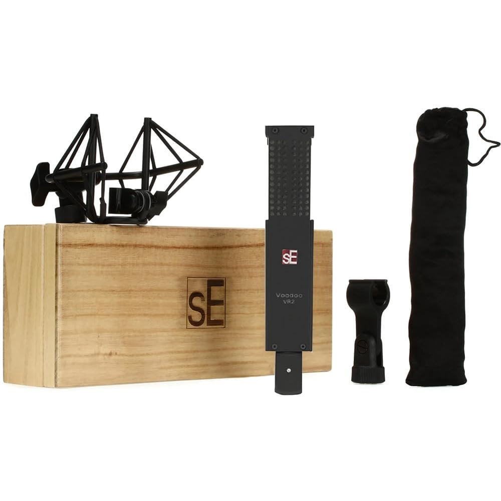 SE Electronics VR2 Voodoo Active Ribbon Microphone Bundle with 10ft Pig Hog XLR Mic Cable & Polishing Cloth  Includes Shockmount & Case, Ultra-High-Frequency Response, Smooth & Detailed Ribbon Tone