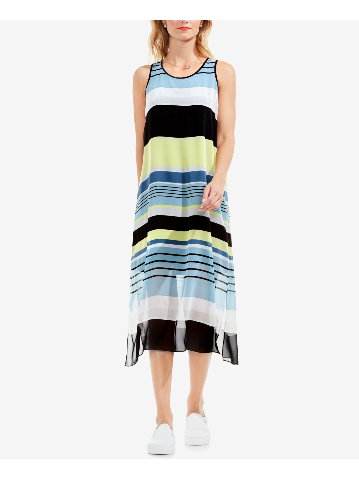 VINCE CAMUTO Womens Aqua Striped Sleeveless Below The Knee Shift Dress