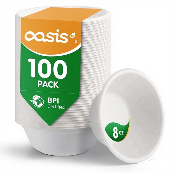 OasisSN Disposable Paper Bowls, 8 oz 100 Count,Heavy Duty Biodegradable Small Paper Bowls for Snacks,Soup,and Salads,Ice Cream,Dessert,Pasta,Hot or Cold Use,White,Microwave Safe
