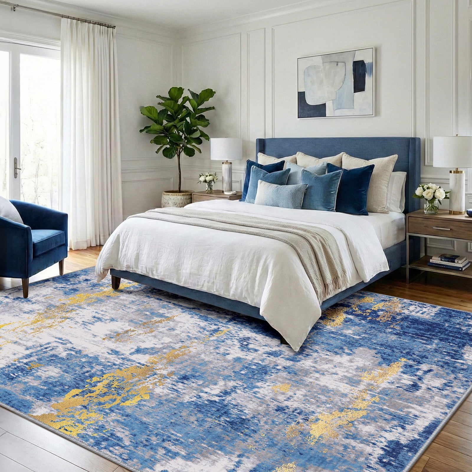 NewBuros Area Rugs 8'x10', Modern Abstract Non-Slip Washable Rugs for Living Room, Soft Low Pile Stain Resistant Indoor Carpet for Bedroom Dining Room Playroom, Blue Gold
