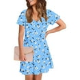 thumbnail image 7 of SYMOID Womens Spring & Summer Floral Print Short - sleeved V - neck Slim Casual Mini Shift Dress with Functional Pockets,Sky Blue,Size S, 7 of 7