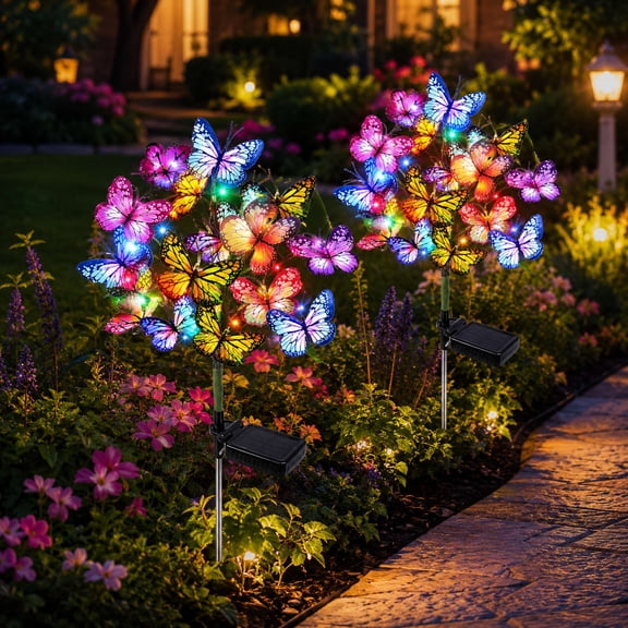 Maspost Solar Butterfly Garden Lights Outdoor, 2 pack Waterproof Decorative Lights with 17 Butterflies & Multicolor LEDs