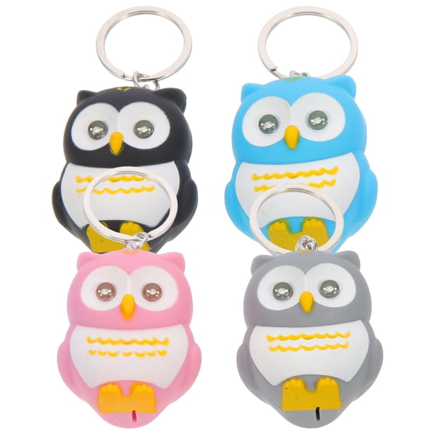 4 llaveros de búho de dibujos animados brillantes, colgantes para maletas, bolsos, pequeños regalos para decoración de coches (1 unidad de cada color: negro, gris, azul, rosa).