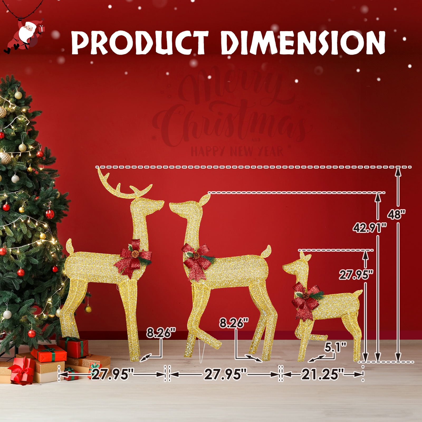 Astoutdoor 3-Piece Lighted Christmas Reindeer Family Set, 200 Warm White LED, 4 ft, White