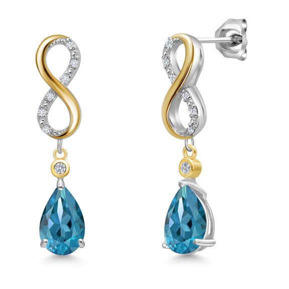 Gem Stone King 925 Silver and 10K Yellow Gold London Blue Topaz and White Lab Grown Diamond Dangle Earrings for Women | 3.28 Cttw | Gemstone November Birthstone | Pear Shape 9X6MM
