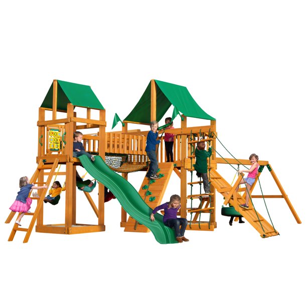 Gorilla Playsets Pioneer Peak Wooden Swing Set with Green Vinyl Canopy