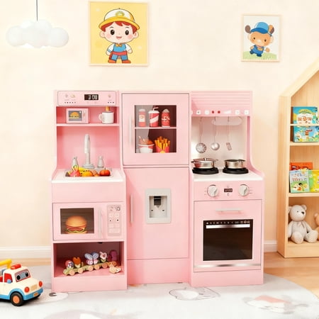 Pirecart Wooden Play Kitchen Set Kids Play Kitchen with 6-pcs Cooking Accessories Sink & Stove Water Dispenser & Hood with Lights & Sounds Pink