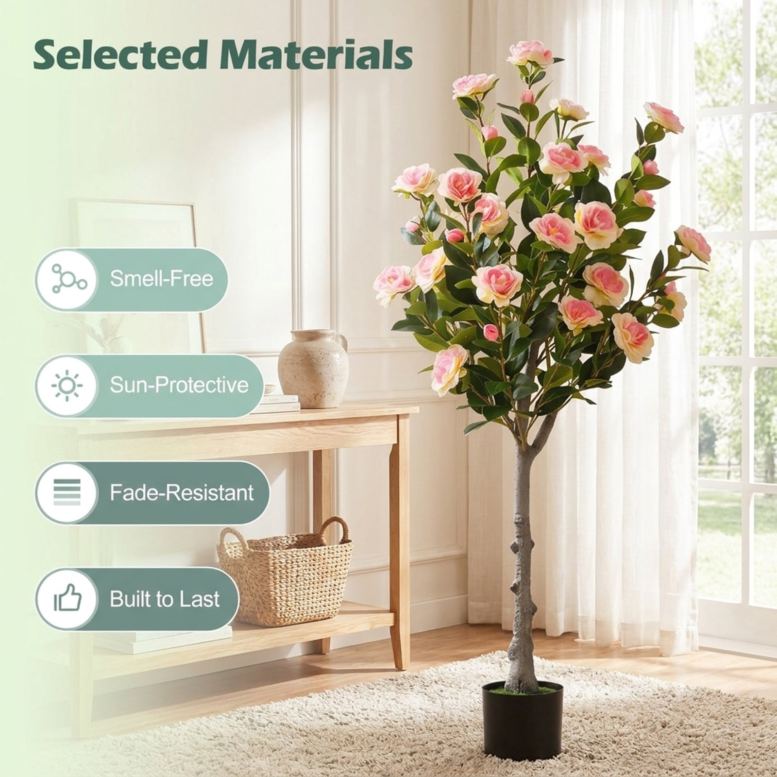 Vebreda Artificial Plant Decor, Artificial Camellia Tree with 27 Blossoms in Cement Pot for Home, Realistic Floral Details, Built to Last