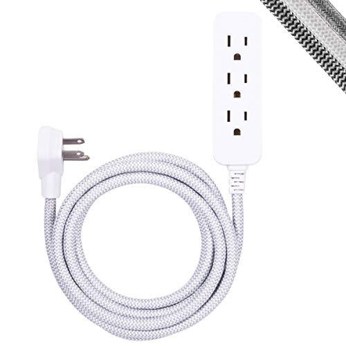 GE Designer Extension Cord with Surge Protection, Braided Power Cord, 8 ft, 3 Grounded Outlets, Flat Plug, Premium, Gray/White, 38433
