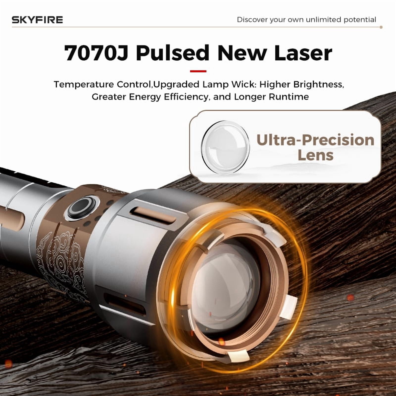 SKYFIRE New Model Flashlight - High Brightness - Rechargeable - Outdoor Flashlight - Extremely Bright, with five modes, equipped with a focusing lens and various complimentary items.