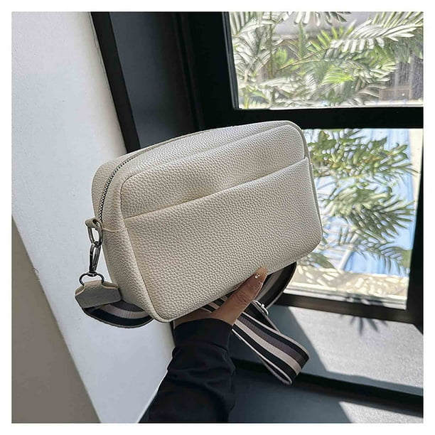 Bolsa de hombro de cuero, gran capacidad, compartimentos múltiples, mujer, pequeña bolsa cuadrada con correa ancha de PU blanco