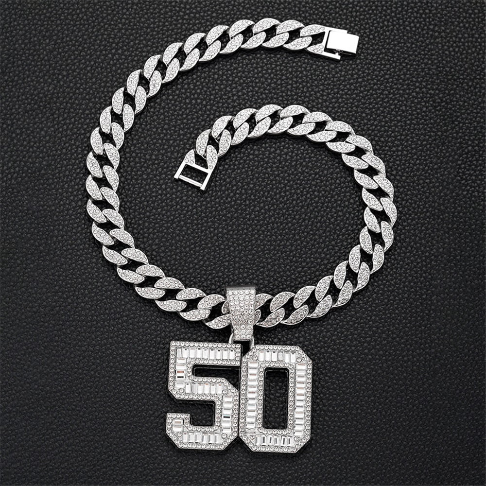 Men Women Hip Hop Number 50 Pendant Necklace With 15mm Crystal Cuban Chain HipHop Iced Out Bling Necklaces Fashion Charm Jewelry