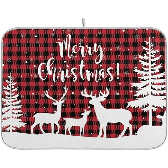 Christmas Tree Deer Buffalo Plaid Dish Drying Mat for Kitchen Counter Absorbent Microfiber Drying Pad, Large 18x24 in, Reversible Drainer Mats