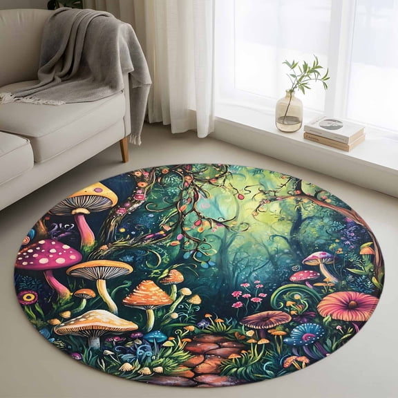 Round Area Rug 3.3 Ft, Mushroom Washable Non-Slip Circle Carpet for Living Room/Bedroom, Dream Forest Botanical Floral Plant Low-Profile Small Kitchen Mats Collection Rugs for Indoor