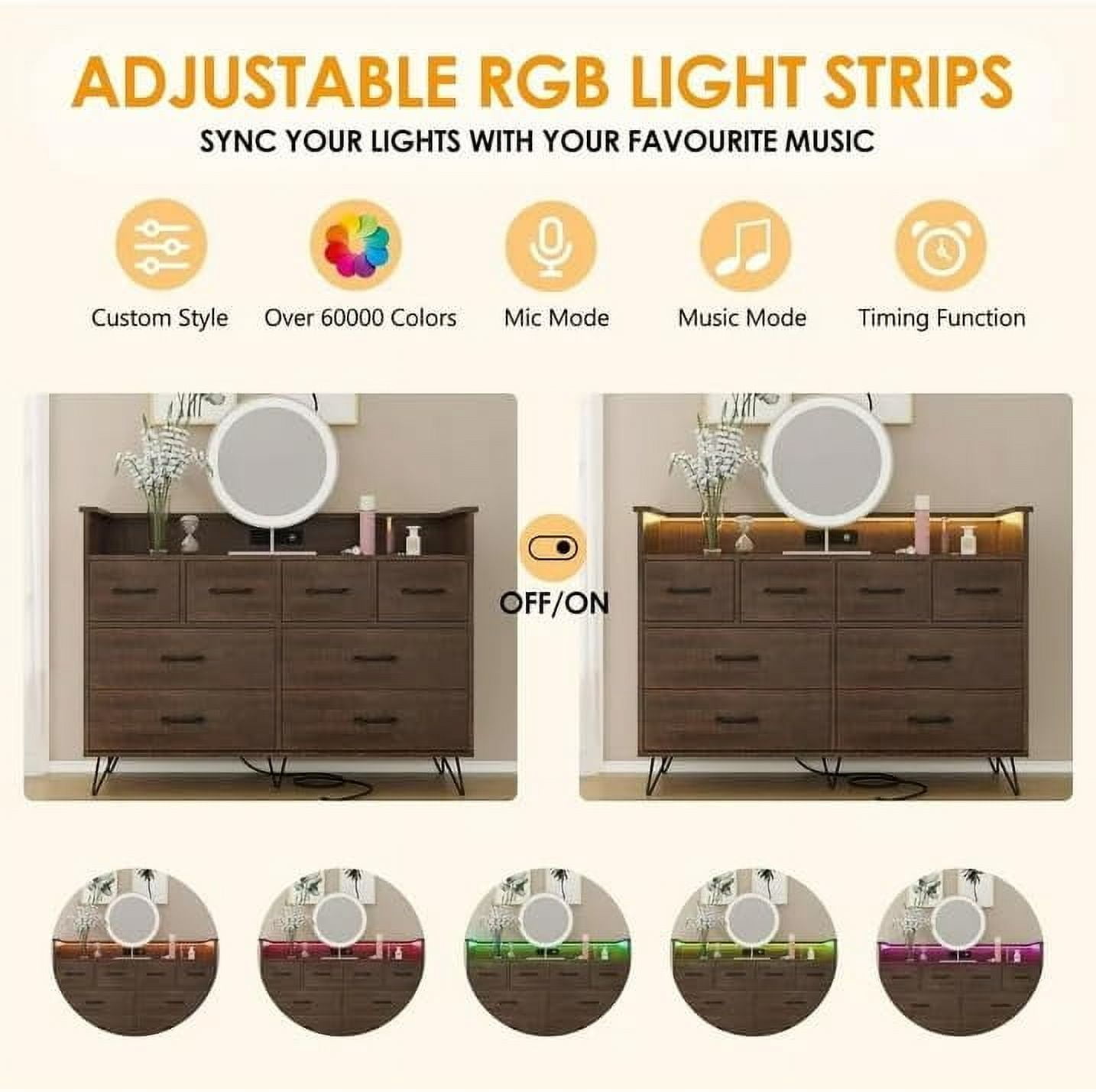 GAOMON 8 Drawer Dresser, Modern Dresser for Bedroom with Led Lights and Charging Station, Wooden Chest of Drawer with Open Space, Storage Organizer for Entryway, Living Room,Dark Brown