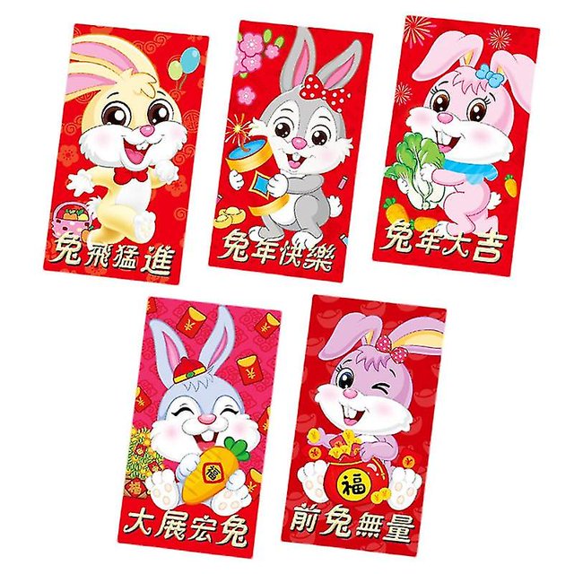 Sobres rojos con diseño de conejo de dibujos animados, papel recubierto estampado, sobres rojos con estampado de conejito para Año Nuevo, 5 uds.