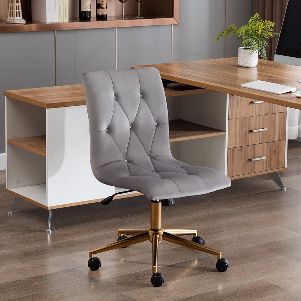 Duhome Armless Home Office Chair, Velvet Tufted Computer Desk Chair Rolling Chair, Vanity Chair with Wheels, Gray and Gold