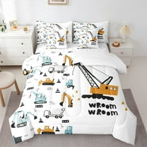 Manfei Construction Truck Teen Bedding Comforter Set 7-Piece, Cartoon Yellow Car King Bedding Sets, Vehicle Theme Bed Sheets, Breathable Home Decor