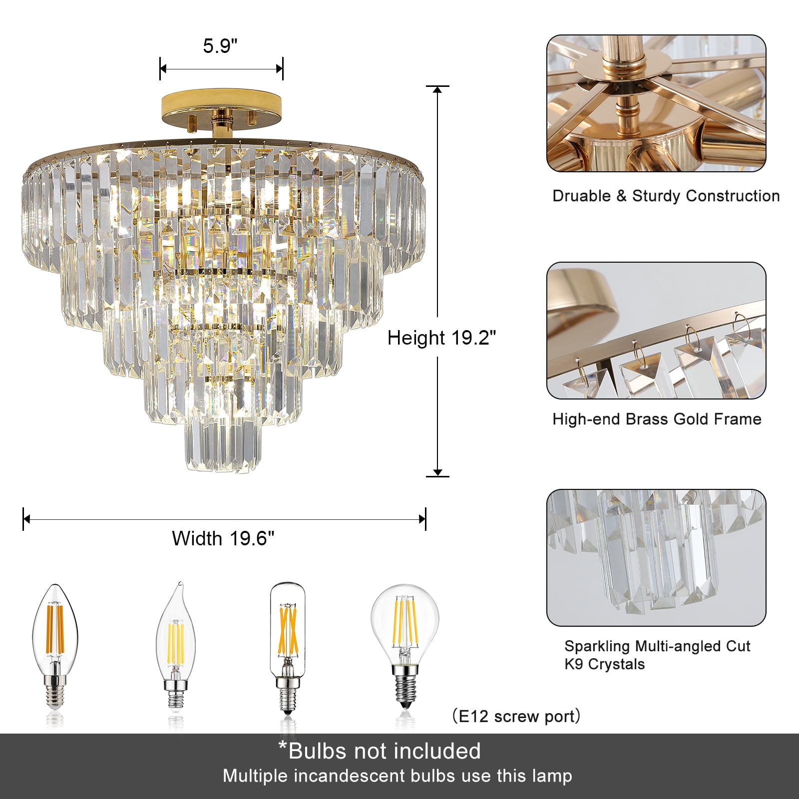 M optimized 5-Tier Crystal Chandelier 10-Light Ceiling Lights Modern Flush Mount Chandeliers Fixture for E12 Bulbs, for Bedroom Living Room Bar Hallway