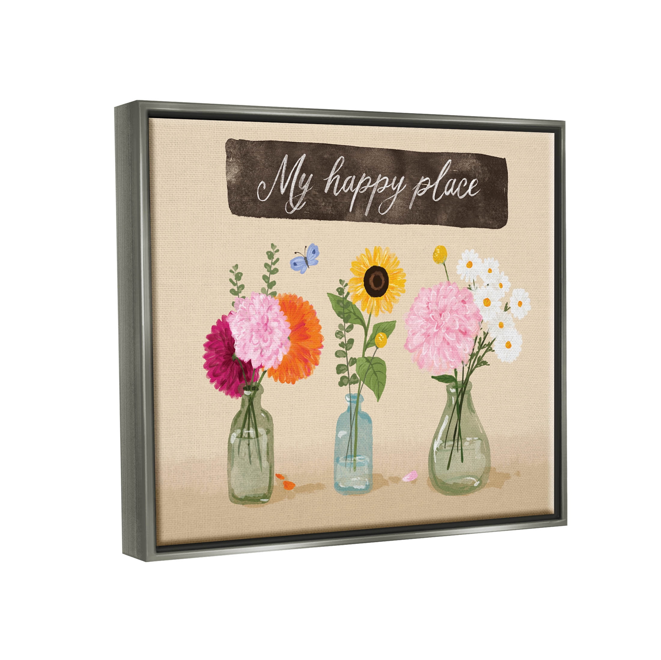 Stupell Industries My Happy Place Bouquets Graphic Art Luster Gray Floating Framed Canvas Print Wall Art, Design by Be Ni La