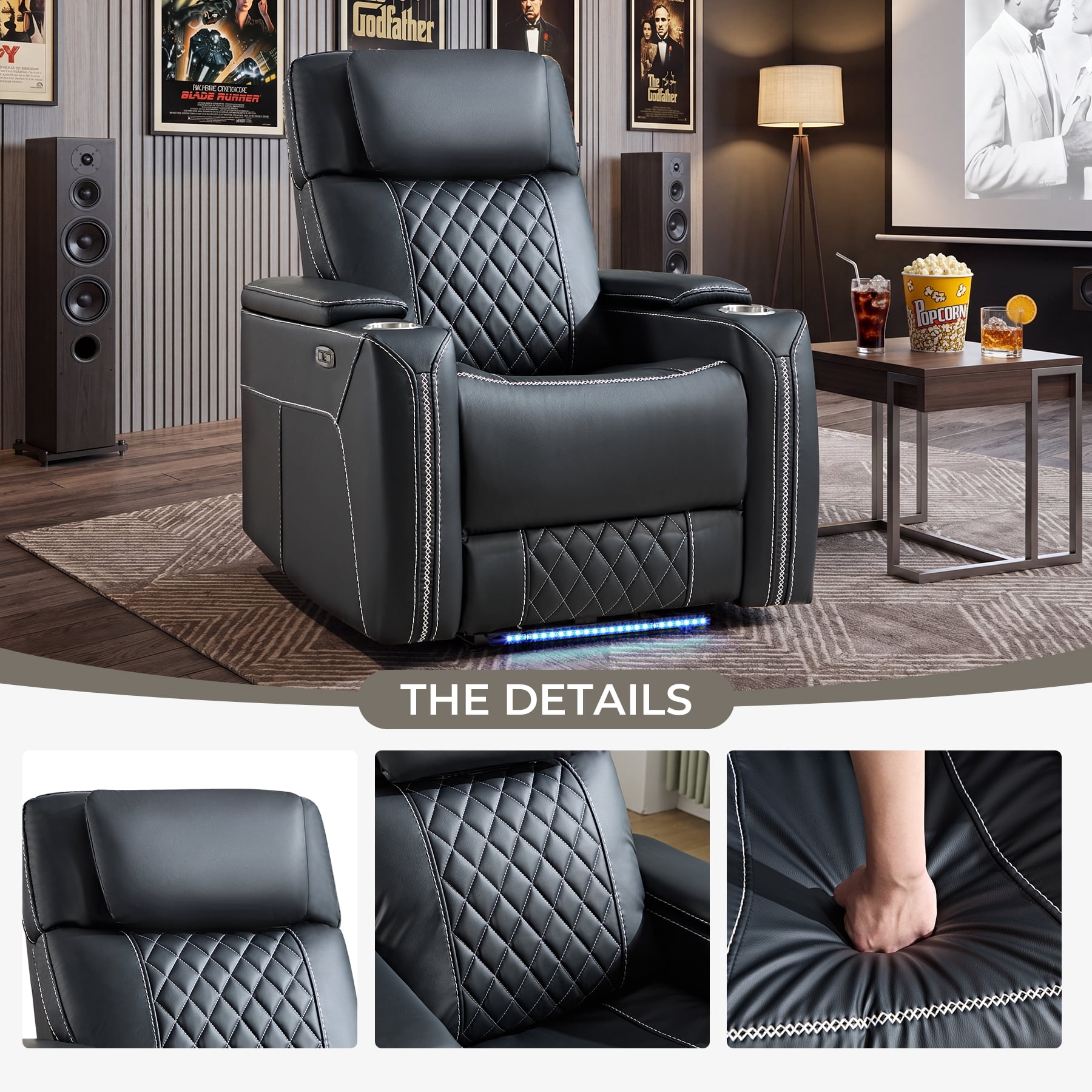 Ebello Dual Motor Power Recliner Chair with Adjustable Headrest, Faux Leather Electric Reclining Chair with LED Light Strip, USB Port, Cup Holders & Hidden Storage for Home Theater, Black