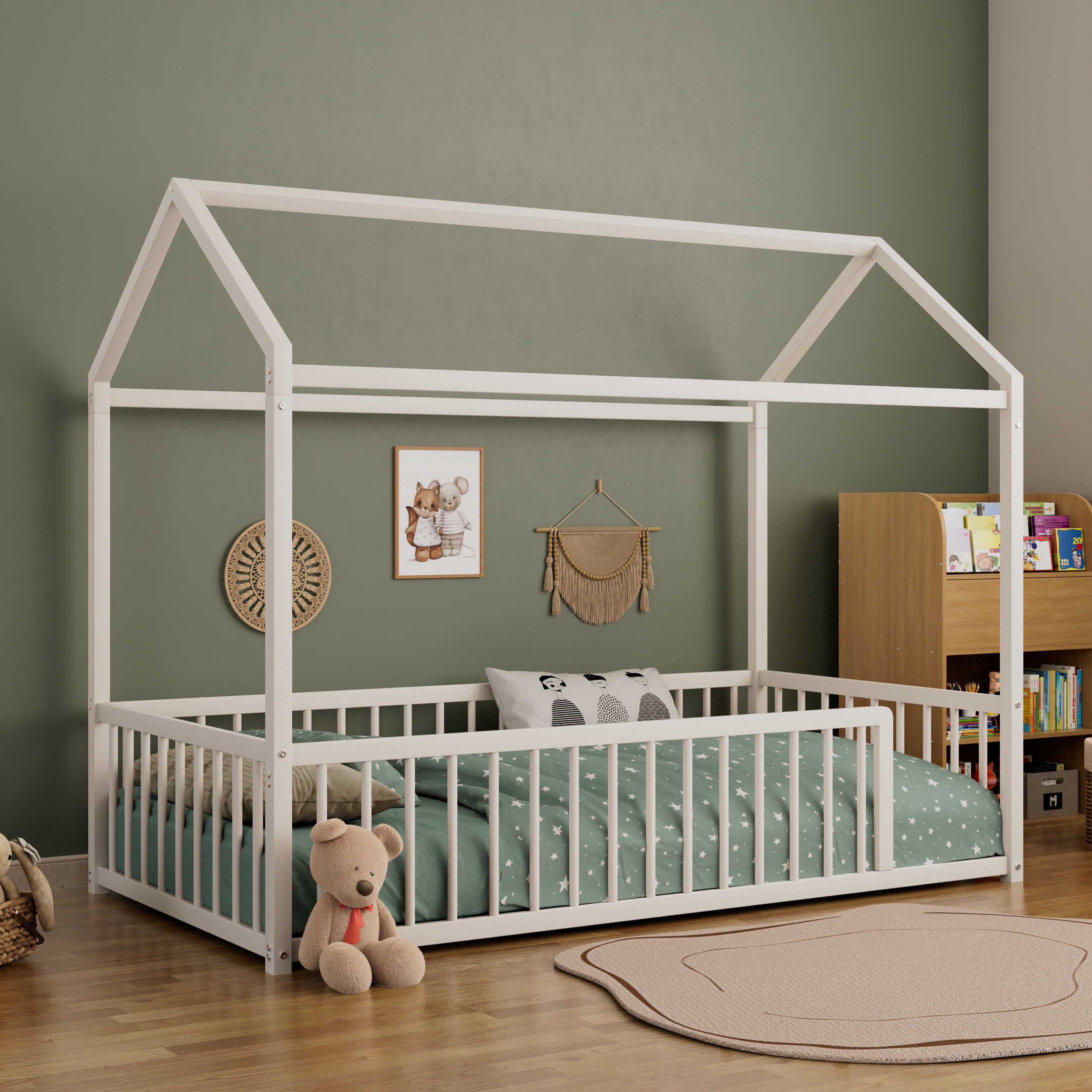 Euroco Metal Twin Size Canopy Bed, Low Profile House Bed with Guardrails, White