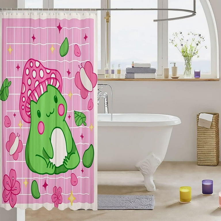 Joocar Cute Frog Shower Curtain Mushroom Bathroom Curtain Pink Butterfly Flowers Waterproof Curtain for Kids Girls Boys Room Decor Geometric Plaid