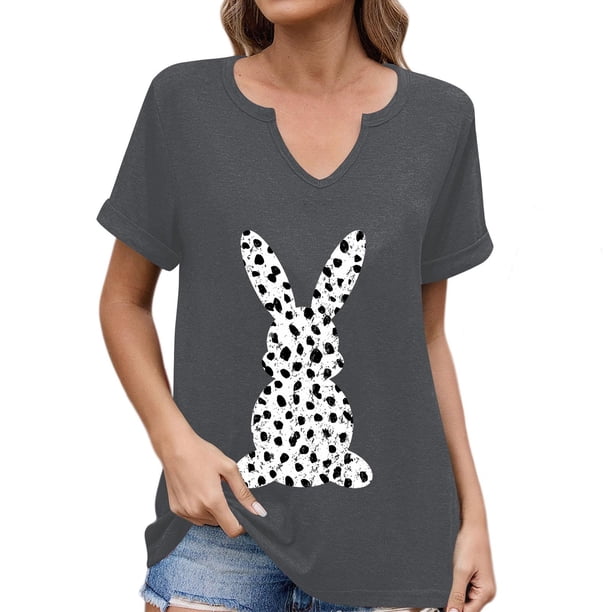 Corto para las Mujeres Casual Verano 2025 Pascua Impresión V-Cuello Camiseta, Ligero 95% Poliéster 5% Spandex Top para Toda la Temporada Hogar Y Diario