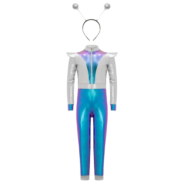 Moggemol Boys Girls Space Alien Performance Wear 2 PC Set Metallic Long Sleeve Unitard with Headband Blue Silver 6