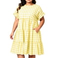 thumbnail image 2 of Guieoi Plus-Size Womens Dresses Plus Size Summer Checkered Pleated Short-Sleeve Round-Neck Casual A-Line Dress with Pockets Yellow XXXXXL, 2 of 9
