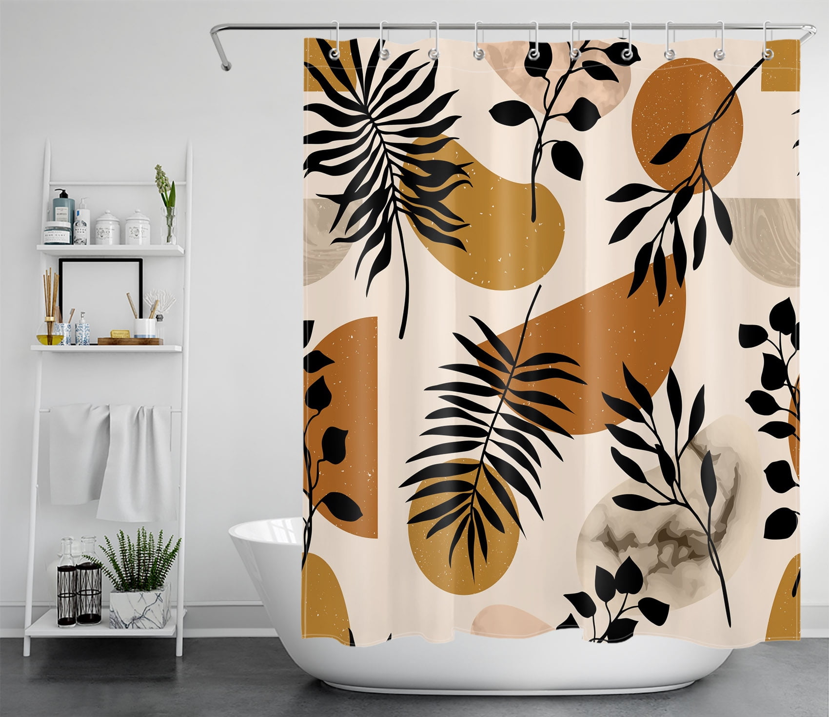 HVEST Boho Botanical Bathroom Shower Curtain,Abstract Brown Leaves Shower Curtain for Bathroom Decor,Waterproof and Easy Care Fabric Bath Curtain Accessories Set with Hooks,60X72 Inches