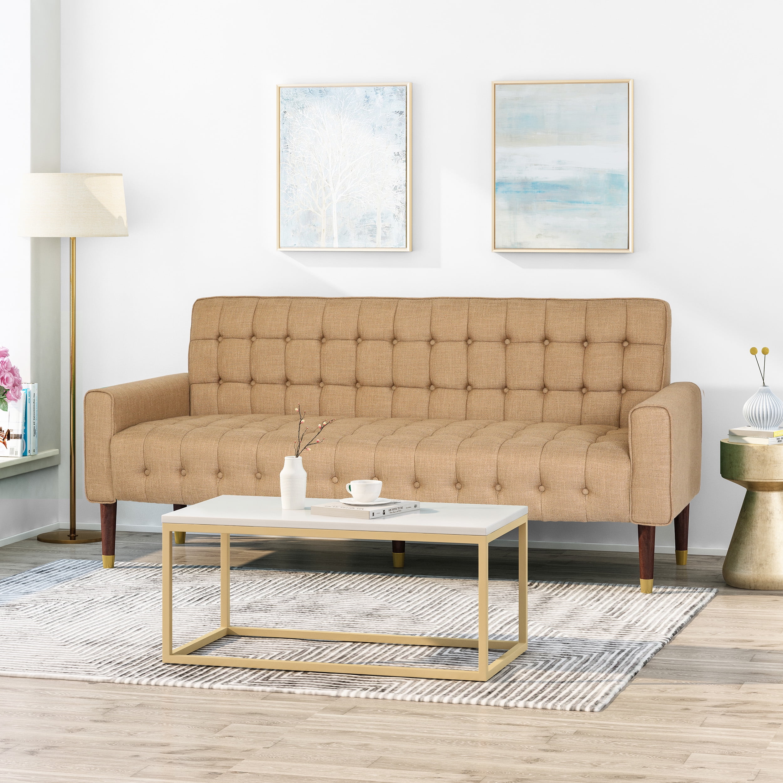 Adan Tufted Velvet Sofa with Gold Tipped Tapered Legs, Clay and Gold