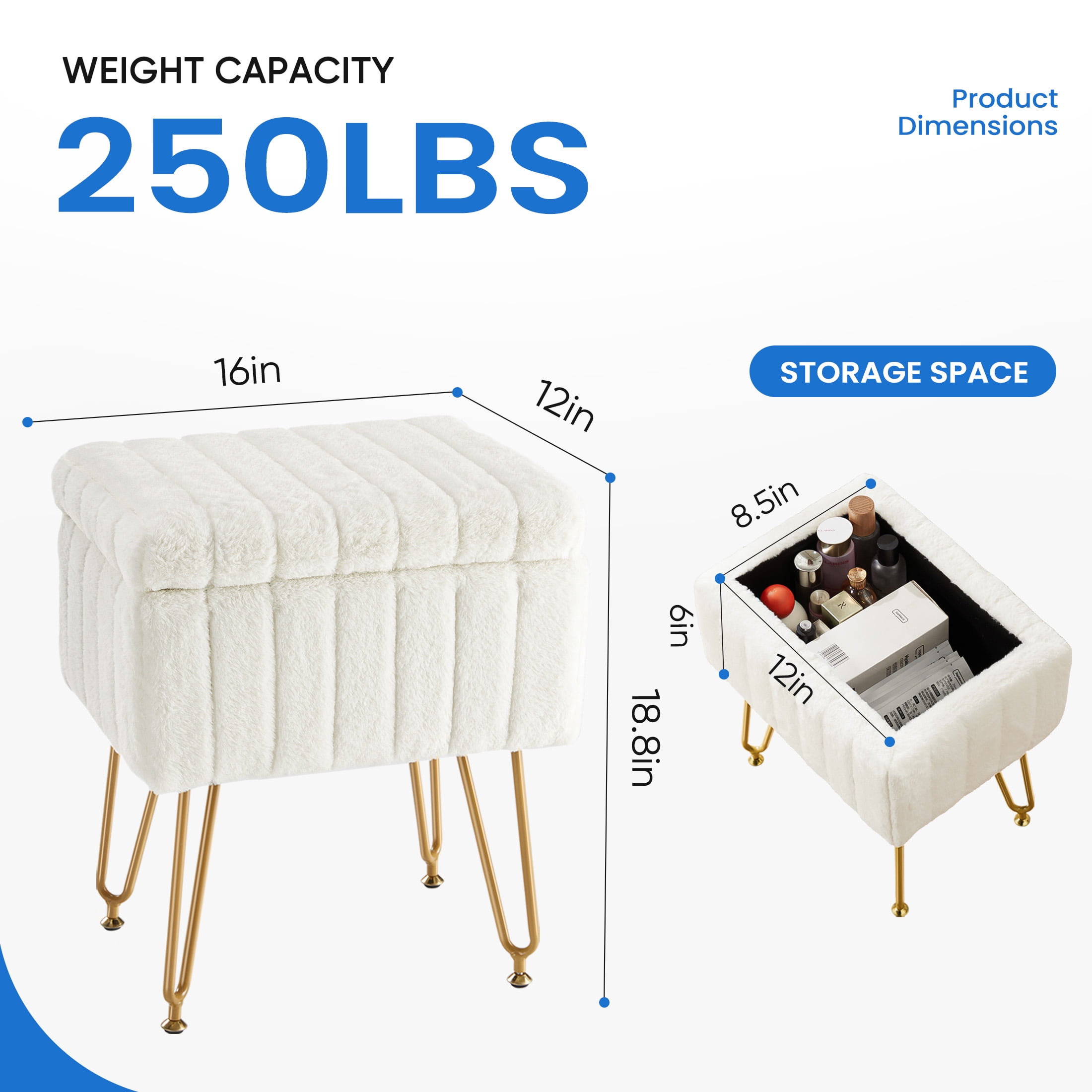 CONCETTA Vanity Stool Chair Faux Fur with Storage, Ottoman 4 Metal Legs with Anti-Slip Feet and Furry Padded Seat for Makeup, Bedroom, Entryway, White