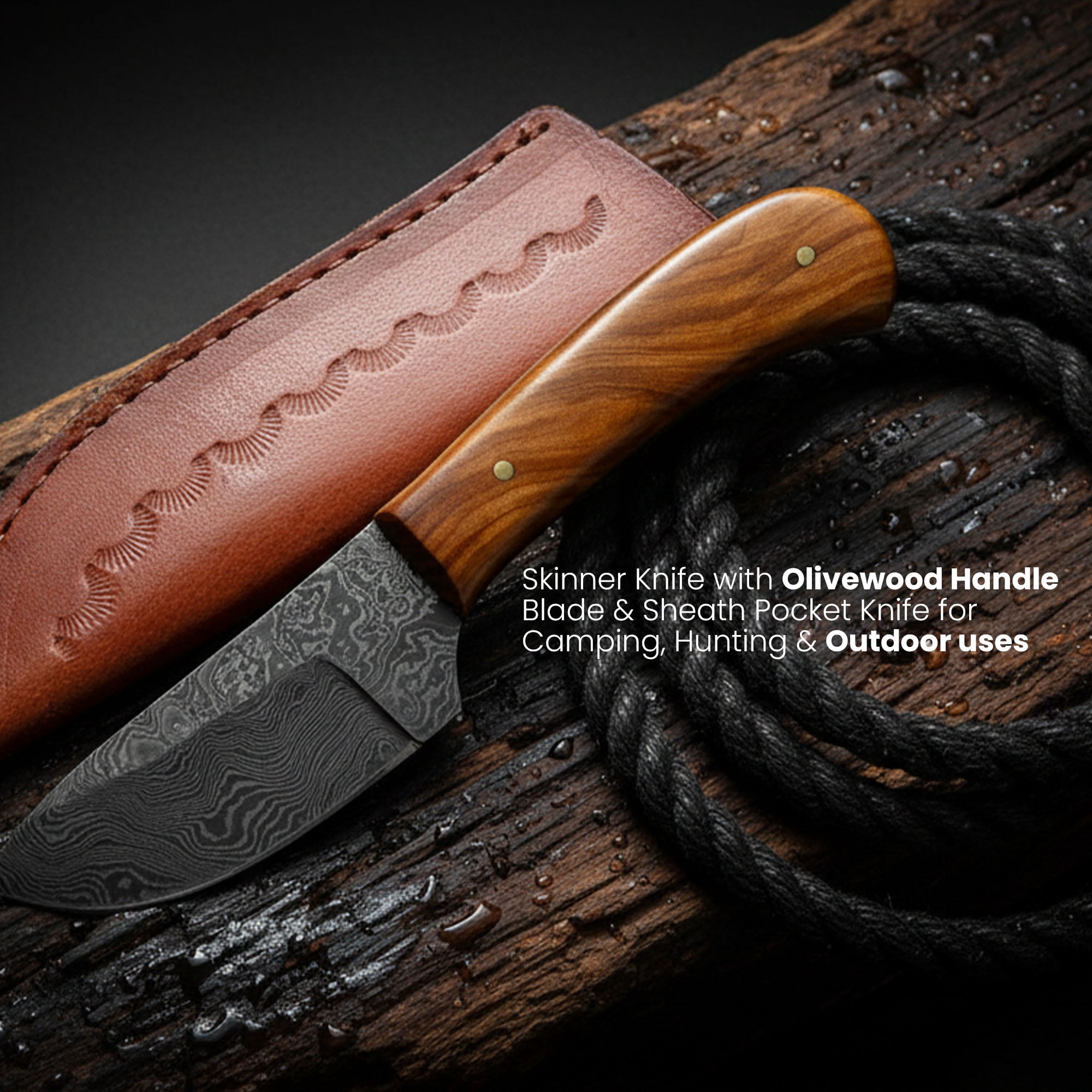 SANZ 6" Short Olive Skinner Hunting Knife Damascus Steel Blade Olive Wood Handle with Leather Sheath Pocket Knife for Camping, Hunting & Outdoor