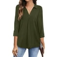 thumbnail image 2 of Womens Spring Summer 3/4 Sleeve T Shirts Solid Color V Neck Collared Flowy Work Office Blouses Casual Loose Tunics, 2 of 7