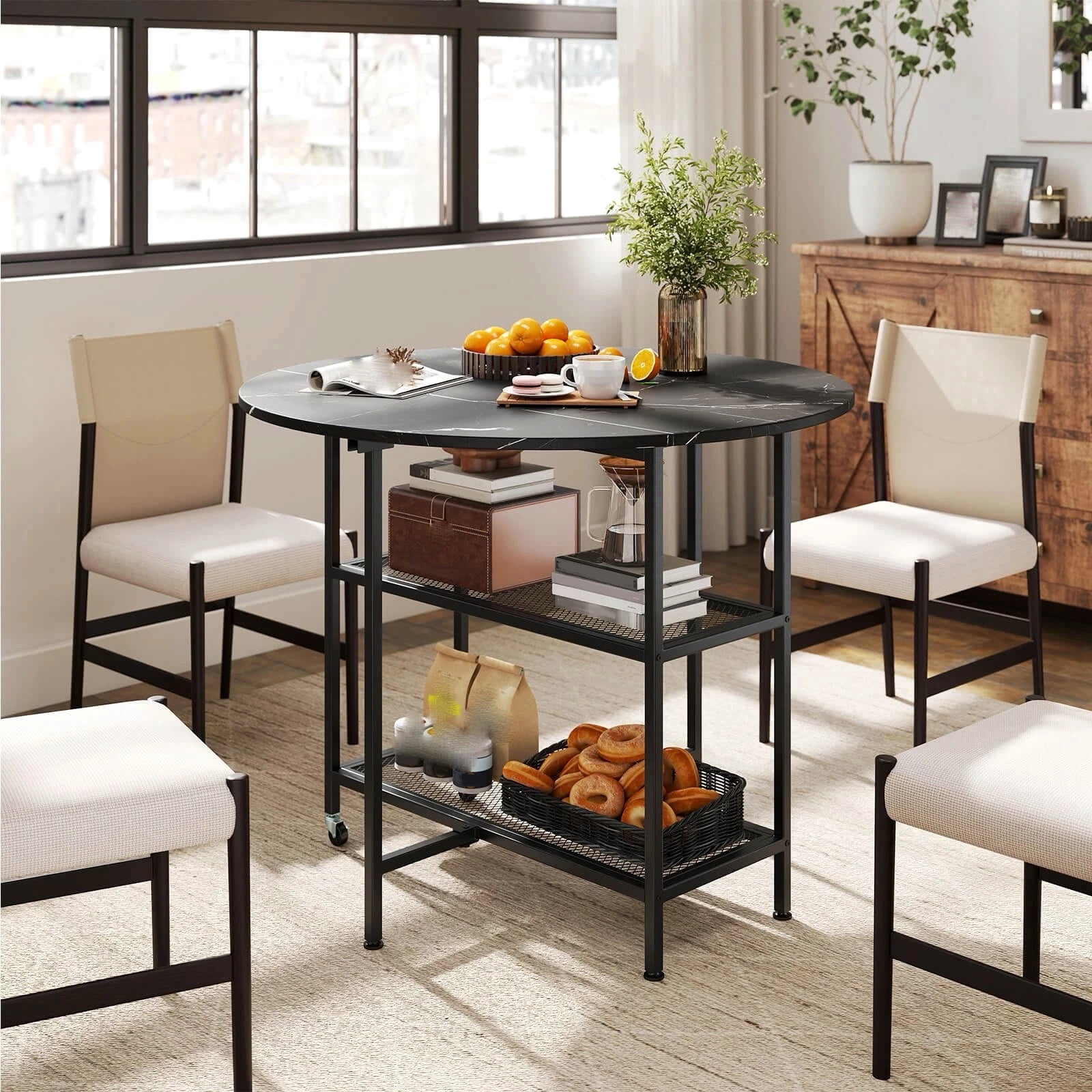 Auranook Round Folding Dining Table, Round Drop Leaf Kitchen Table with 2-Tier Storage Shelf, 2 Lockable Wheels