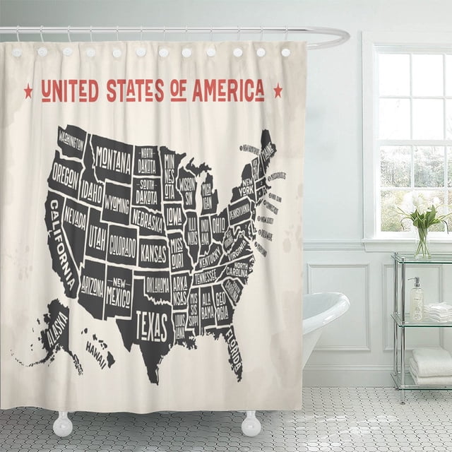 ABPHQTO Mapa de Estados Unidos América Nombres Cortina de ducha de poliéster en blanco y negro 152x180 cm ABPHQTO PKNMT60x72Shower-2622