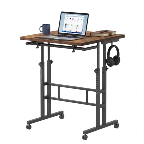Edx Dual Desktop Height Adjustable Rolling Desk with Wheels, Treadmill Desk for Walking Pad, Mobile Computer Table with Cup Holder for Home Office Bedroom Living Room, Rustic Brown