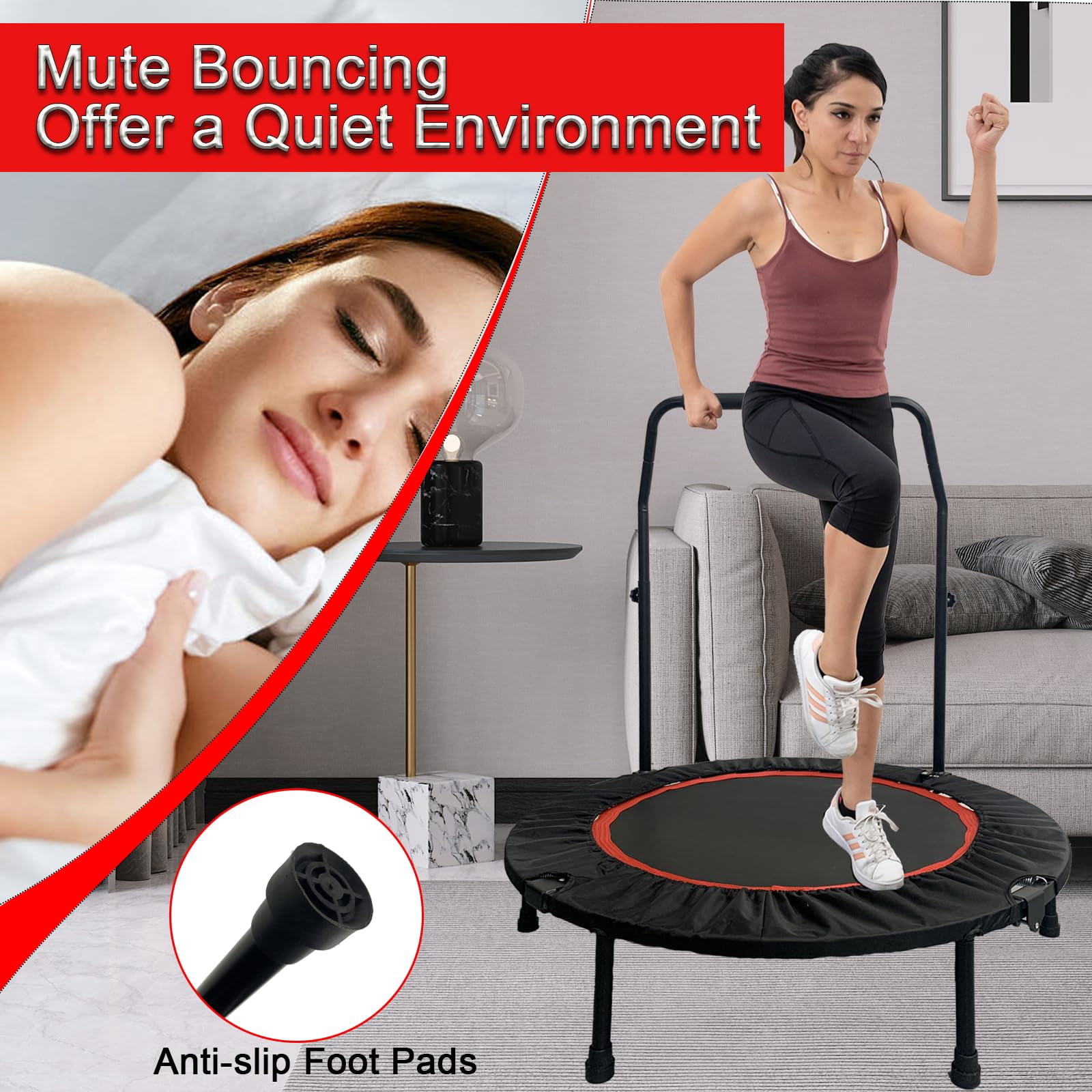 RJFKSN 40" Foldable Mini Fitness Trampoline, 660LBS Heavy Duty Indoor Exercise Rebounder for Home Workout
