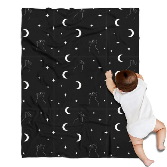 Black White Cat Moon Star Pattern Blanket,Comfortable Soft Flannel Throw Blanket,All Season,Warm Lightweight Blankets for Sofa Bed Couch Living Room Chair,30"x40"