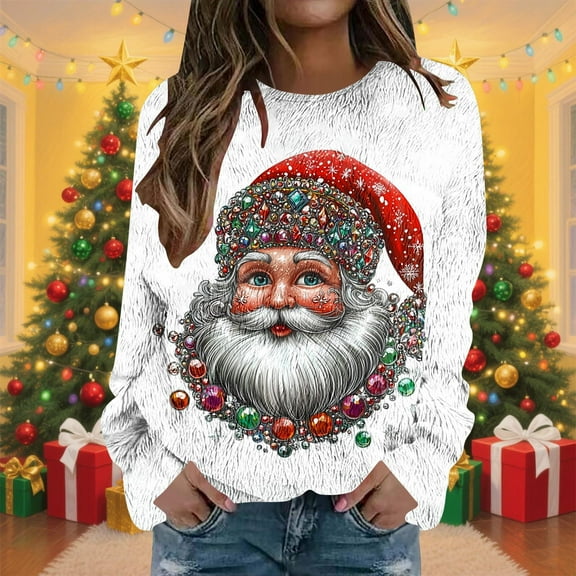 Weiqiqre Fall Outfits for Women 2025 Long Sleeve Work Tops Casual Crewneck Cute Printed Xmas Blouses Tunics Ladies Christmas Top