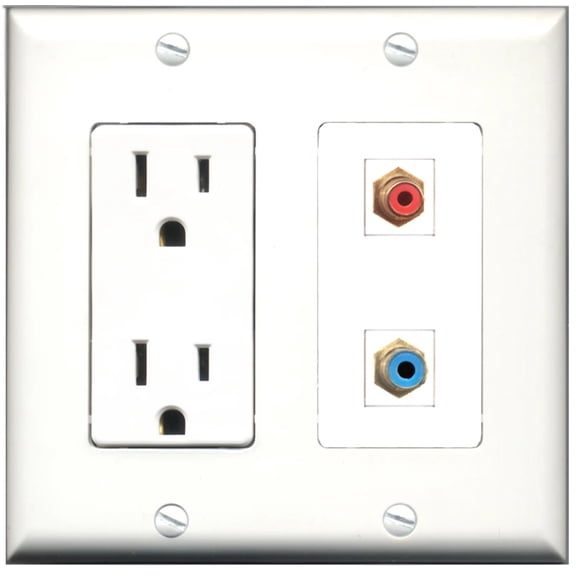 Ultra Spec Cables 15 Amp Power Outlet 1 Port RCA Red 1 Port RCA Blue Wall Plate